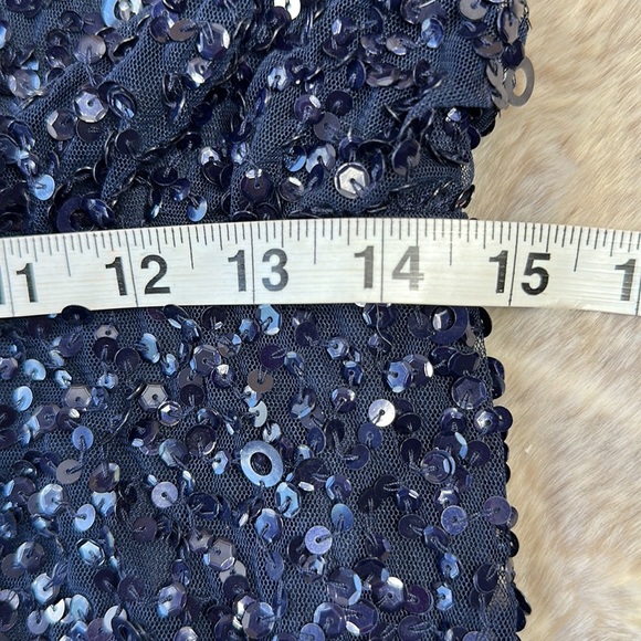 Adrianna Papell | Navy Sequin Dress with Short Sleeves & Side Split - Picture 10 of 13